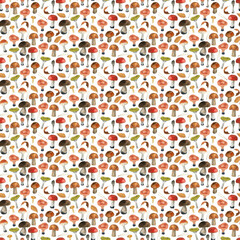 Watercolor Mushroom Seamless Pattern, Fungi repeat design, Autum endless design, Fall leaves and mushroom print, Wild fungi forest background,