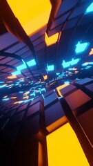 Aufkleber - Vertical 3D rendered loop video with moving cubes waves in neon glowing light background. Abstract blue and orange technologic looped tunnel. Hyperrealistic dimensional geometrical patterned visual