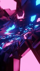 Aufkleber - Vertical 3D rendered loop video with moving cubes waves in neon glowing light background. Abstract blue and pink technologic looped tunnel. Hyperrealistic dimensional geometrical patterned visual