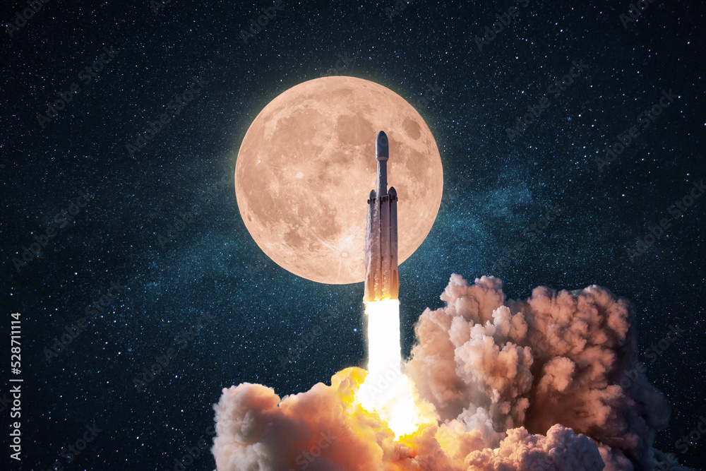 New rocket with smoke and blast successfully takes off into the starry ...
