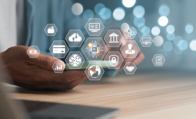 Businessman working on AI concept of laptop computer and IoT business. Artificial Intelligence, Digital technology, metaverse, software development.