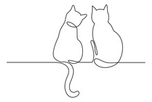 Two Cats Vector With Continuous Single One Line Art Drawing. New Minimalist Design Minimalism Animal Pet Of Cat Illustration.