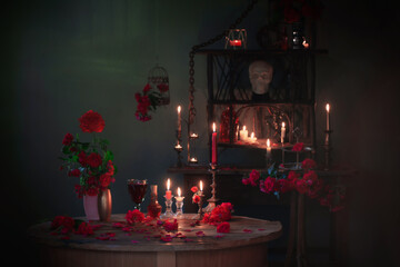 Wall Mural - magic potion with red roses and burning candles in dark room