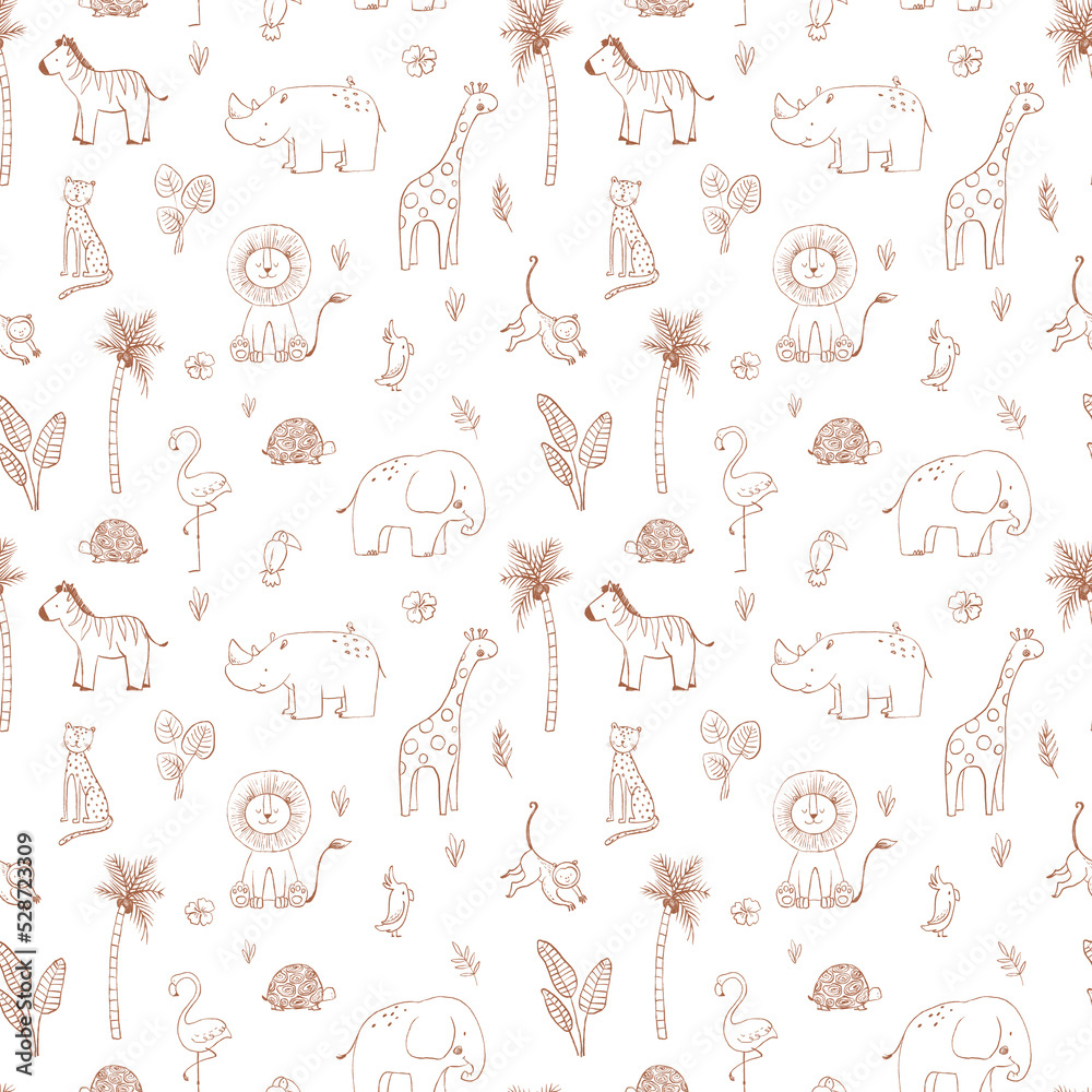 Beautiful seamless baby pattern with cute hand drawn safari elephant ...