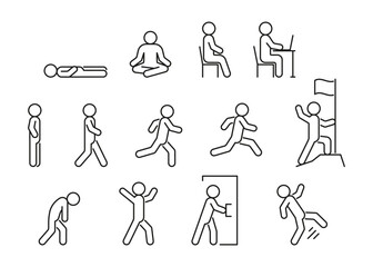 Wall Mural - People line icon in different posture, human various action poses. Lie, stand, sit, walk, run, fall. Vector line illustration