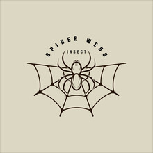 Spider Webs Logo Line Art Vintage Simple Minimalist Illustration Template Icon Graphic Design. Insect Arthropod Sign Or Symbol For Nature And Wildlife With Typography Style
