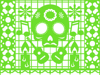 Wall Mural - Papel picado paper banner flag with skull, guitar