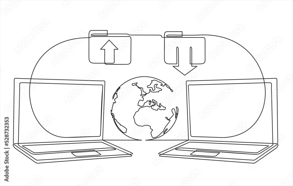 File transfer. One continuous line drawing of Two laptops with folders ...