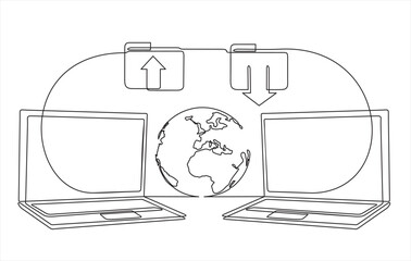 Poster - File transfer. One continuous line drawing of Two laptops with folders on screen and transferred documents. Copy files, data exchange, backup, PC migration, file sharing concepts. 