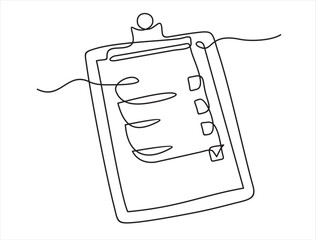 One continuous line drawing of checklist, clipboard