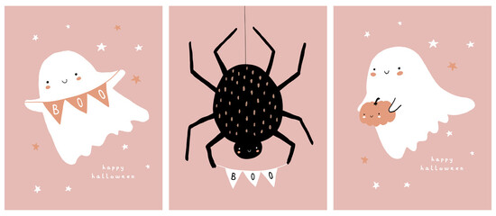 Wall Mural - Cute Hand Drawn Halloween Cards. Little White Ghosts and Big Spider on a Pastel Pink Background. Happy Halloween. Sweet Little Ghosts, Funny Pumpkin and Black Spider. Kawaii Style Halloween Print.