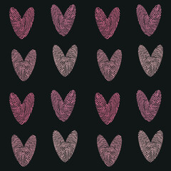 Wall Mural - Textured hearts seamless pattern. Pink hearts with fingerprints on black background. Vector illustration.