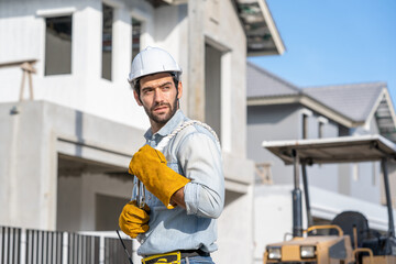 Aufkleber - Construction worker wearing safety harness and safety line working at high place at construction site,Engineer,Construction concept.