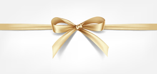 Wall Mural - Satin decorative golden bow with horizontal yellow ribbon isolated on white background. Vector gold bow and gold ribbon