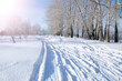© Melena-Nsk - Winter landscape. Sunny day, traces of skis and a snowmobile in the snow