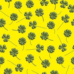 Wall Mural - Print a three-dimensional clover leaf on a yellow background in a fabric pattern