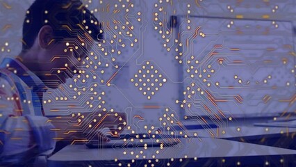 Poster - Animation of computer circuit board over biracial student using tablet
