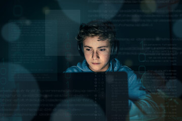genius programmer. young nerdy computer developer looking data. software network interface concept