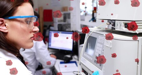 Poster - animation of roses over caucasian female doctor using computer