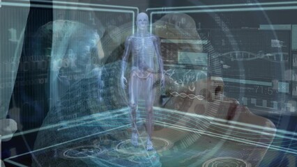 Poster - Animation of data processing over caucasian woman during beauty surgery