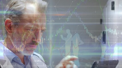 Poster - Animation of graph and data processing over caucasian male doctor using tablet