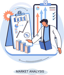 Poster - Market analysis, marketing strategy. Businessman marketer analyzes sales plan. Business data monitoring. Stock investment exchange. Financial statistics. Finance Infographic report market analysis.