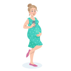 Wall Mural - Young pretty pregnant woman with a smartphone in her hand takes a selfie. In cartoon style. Isolated on white background. Vector flat illustration.