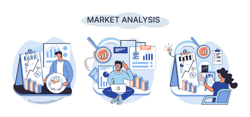 Poster - Market analysis metaphor marketing strategy development. Business research. Identify business determine solutions business problems solving. Marketer analyzes sales plan, doing an advertising campaign