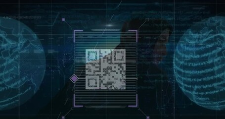 Poster - Animation of qr code with globes and data processing over caucasian hacker