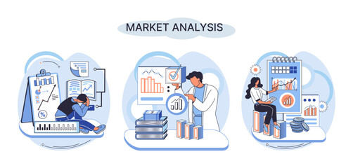 Poster - Market analysis metaphor marketing strategy development. Business research. Identify business determine solutions business problems solving. Marketer analyzes sales plan, doing an advertising campaign