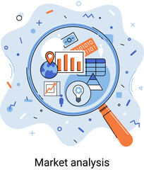 Poster - Market statistics data analysis metaphor marketing strategy development. Business research. Identify business needs determine solutions problems solving. View financial data through magnifying glass