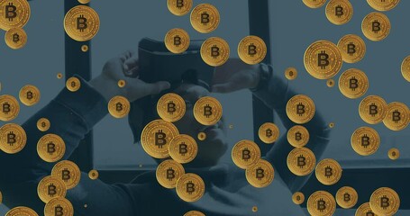Poster - Animation of bitcoins over caucasian man using vr headset