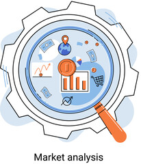 Poster - Market statistics data analysis metaphor marketing strategy development. Business research. Identify business needs determine solutions problems solving. View financial data through magnifying glass