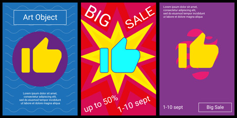 Poster - Trendy retro posters for organizing sales and other events. Large thumb up symbol in the center of each poster. Vector illustration on black background
