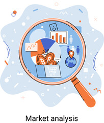 Poster - Market statistics data analysis metaphor marketing strategy development. Business research. Identify business needs determine solutions problems solving. View financial data through magnifying glass