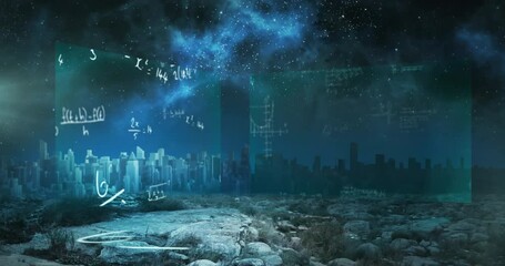 Poster - Animation of mathematical equations over cityscape