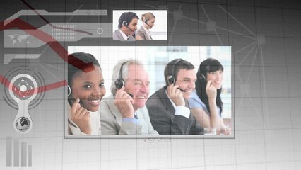 Poster - Animation of financial data processing over diverse business people using phone headset