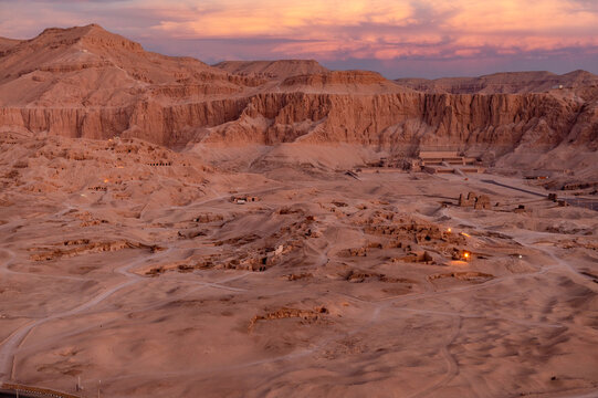Aerial view of the Valley of the Kings in Luxor at sunrise