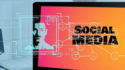 Poster - Animation of social media text and icons over caucasian man using smartphone