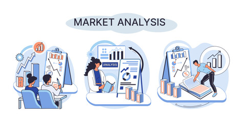 Poster - Market analysis metaphor marketing strategy development. Business research. Identify business determine solutions business problems solving. Marketer analyzes sales plan, doing an advertising campaign