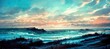 Watercolor style late afternoon north Atlantic beach shoreline with strong windy ocean waves - stormy overcast clouds. Beautiful panoramic seascape in turquoise blue tint.