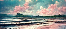 Watercolor Style North Atlantic Shoreline At Late Afternoon Golden Hour Sunset With Red And Pink Waves And Cloud Colors. Beautiful Panoramic Seascape In Turquoise Green Tint.	
