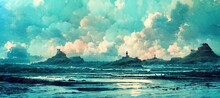 Watercolor Style North Atlantic Shoreline With Strong Windy Ocean Waves And Jagged Rocks With Lighthouse - Stormy Overcast Clouds. Beautiful Panoramic Seascape In Turquoise Blue Tint.  