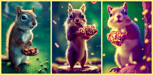 Cute charming squirrels with nuts. Squirrels on the background of cherry blossoms. Animation characters for cartoon. 