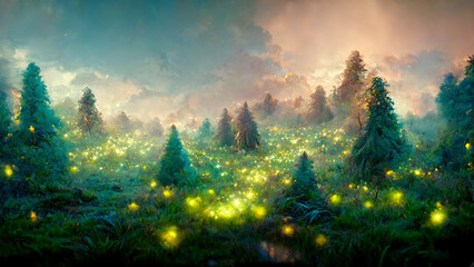 Sticker - Magical forest scene with glowing fireflies