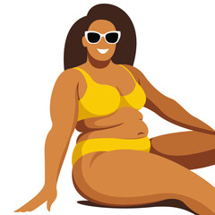 vector image on the theme of body positivity. a curvy plump girl sits in yellow underwear and is not shy by belly rolls and the fat folds on her body. isolated on white background. love your body.