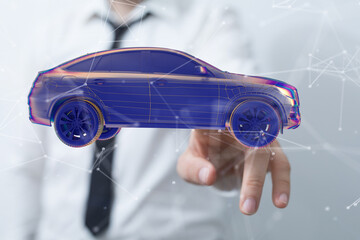 Poster - Man holding and touching holographic smart car