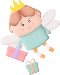 Poster - Cute Little Fairy with Gift Box 3D Icon Graphic Illustration on Transparent Background