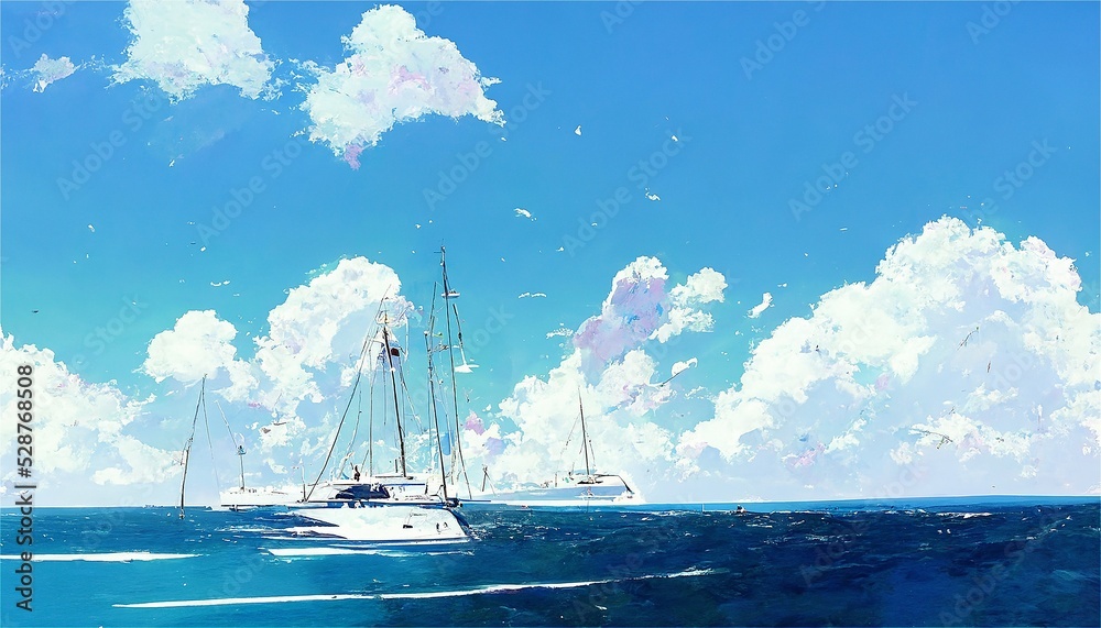 イラスト 絵画 雲 青空 海 夏 鳥 船 の Stock イラスト | Adobe Stock
