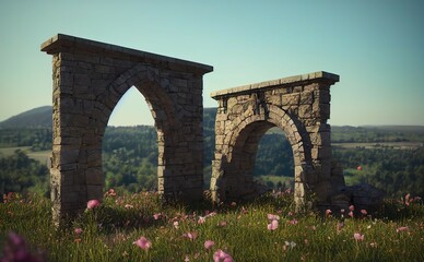 Wall Mural - Abstract fantasy landscape. glowing portal in stone mountain. Transition to another world, abstract door. fantasy landscape. 3d render, Raster illustration.